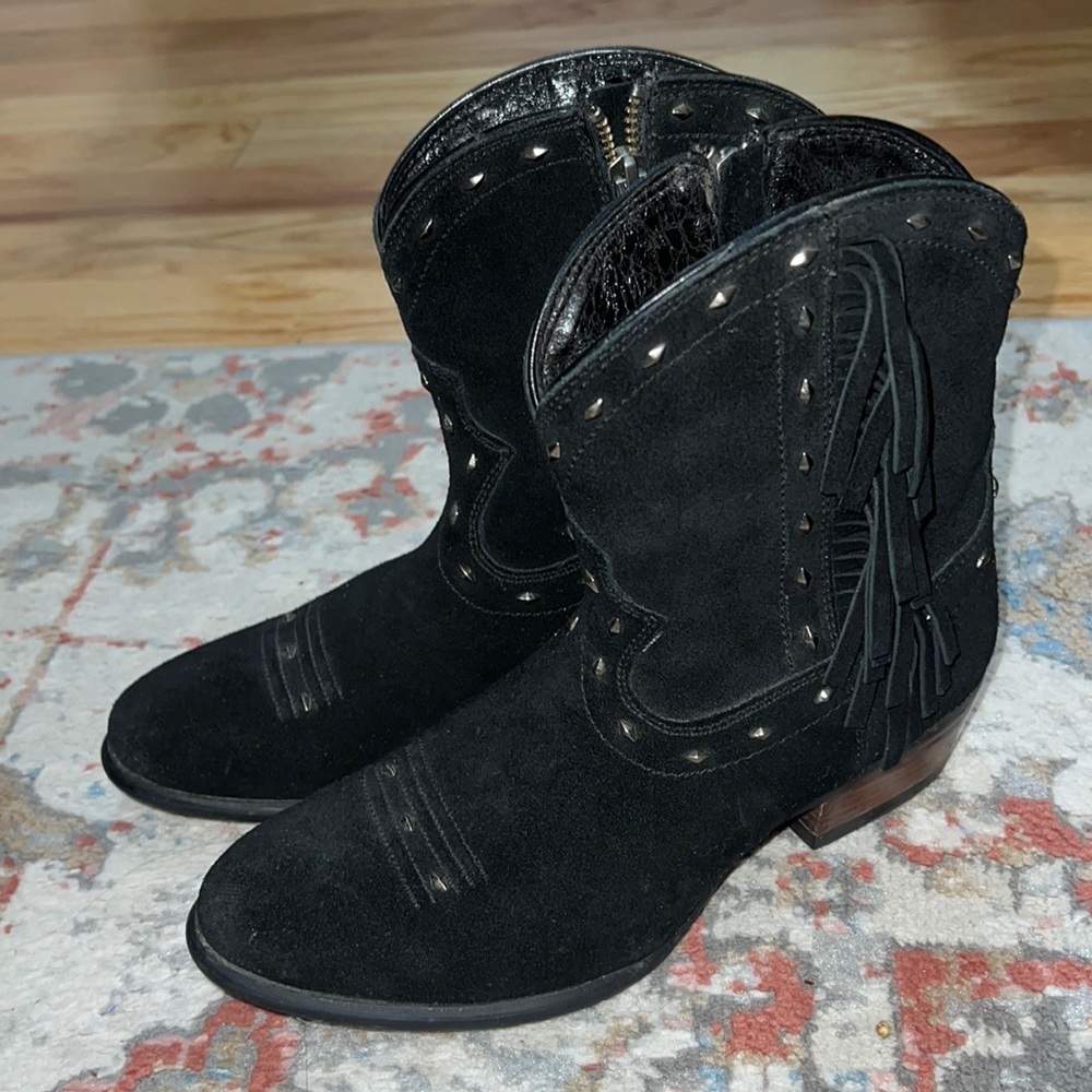 Ariat Sunset Fringe Studded Western Ankle Boots in Black Suede